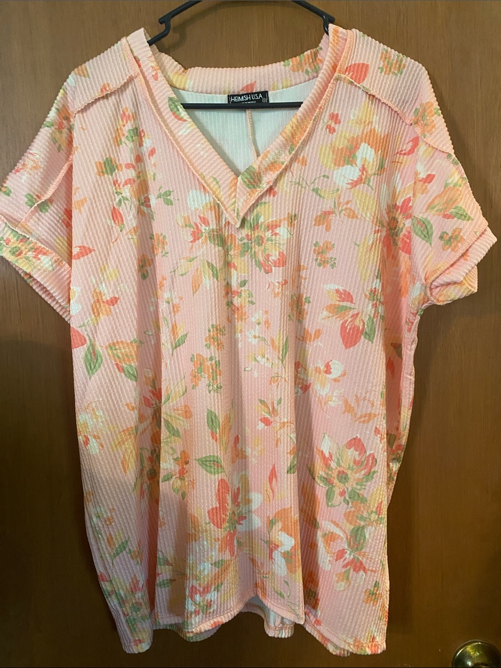 HEIMISH USA Peach Floral V-Neck Short Sleeve Tunic